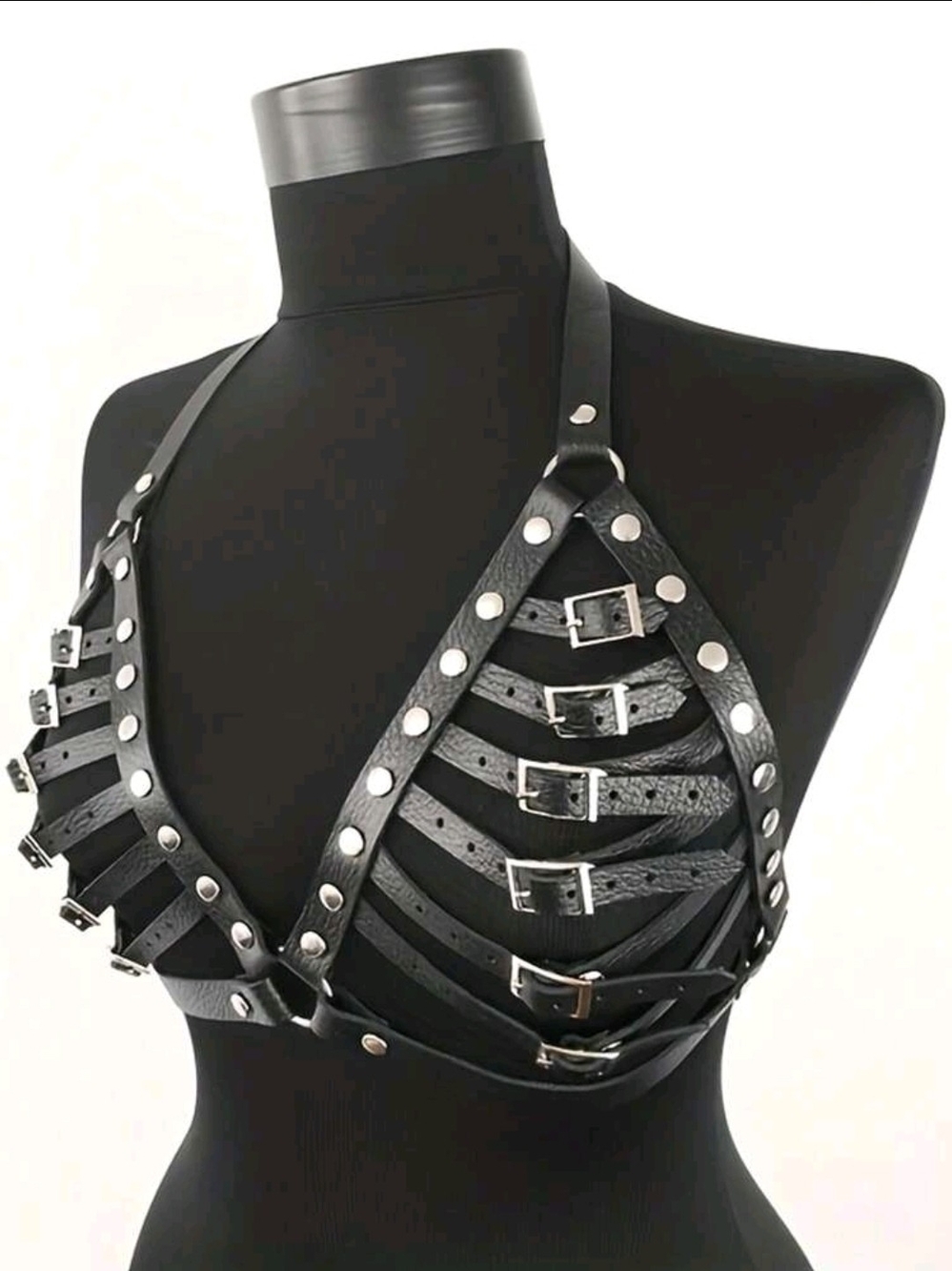 Pu Leather Black Studded Halter Multilayer Buckle Harness Bra